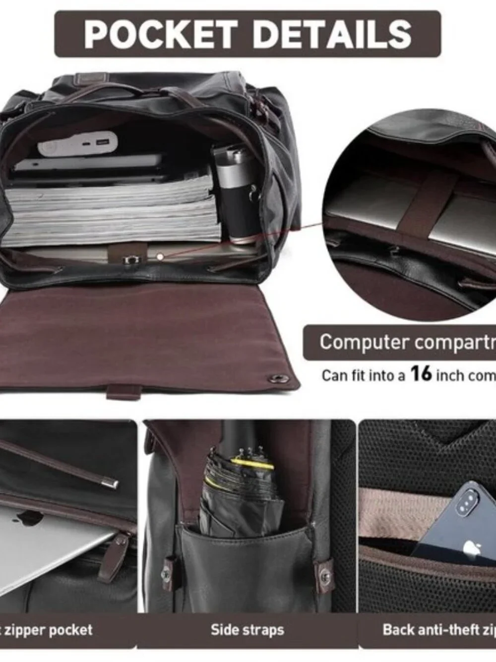 Men's Black Vintage PU Leather Laptop Backpack Water Resistant USB 15.6